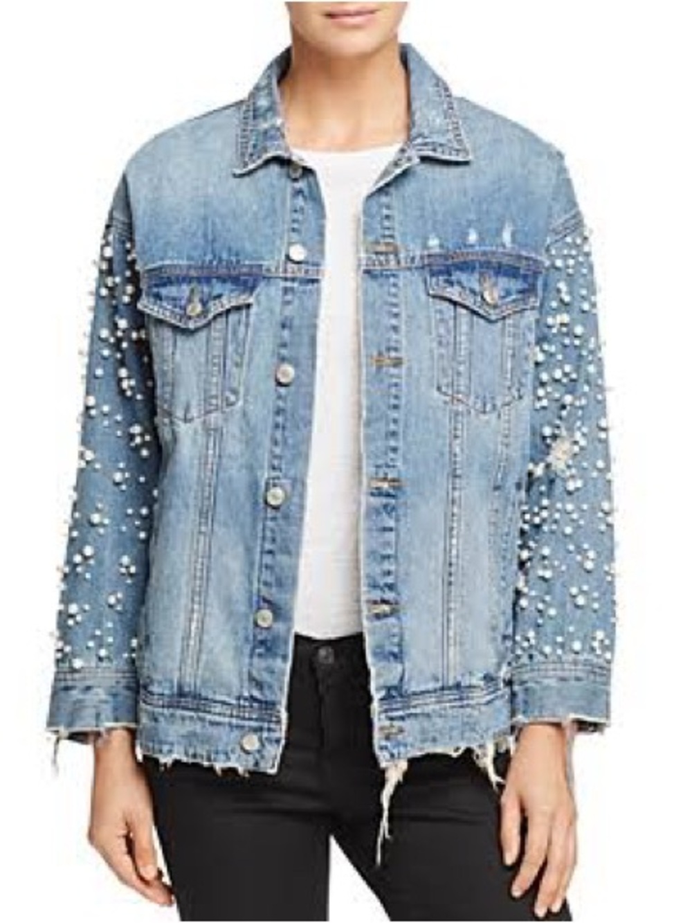 Light Blue Embellished Denim Jacket - Women's Pearl-Studded Trucker NWOT Size S